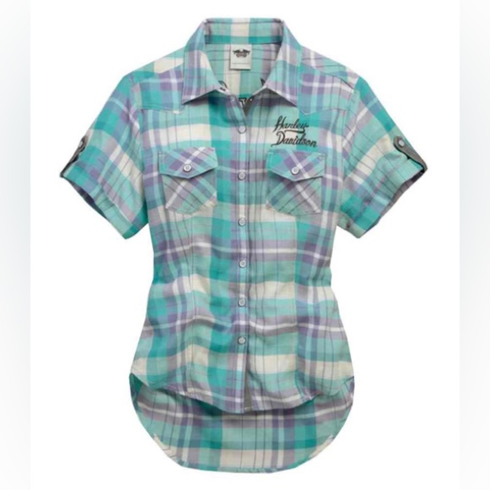 Harley-Davidson Women's Woven Shirt Heart & Dagger Plaid Blue Embroidered Large